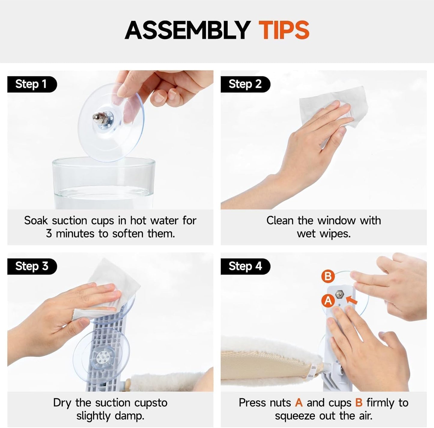 Foldable cat window hammock assembly tips: soften cups, clean window, dry cups, press nuts and cups.