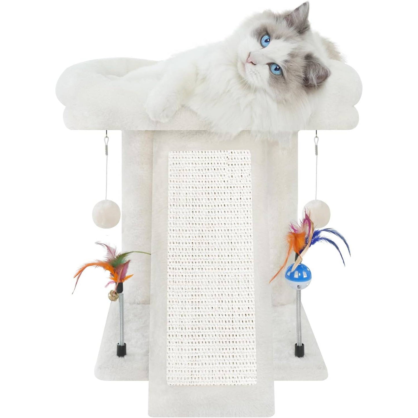 Beige cat tree with scratching board and cat relaxing on top perch