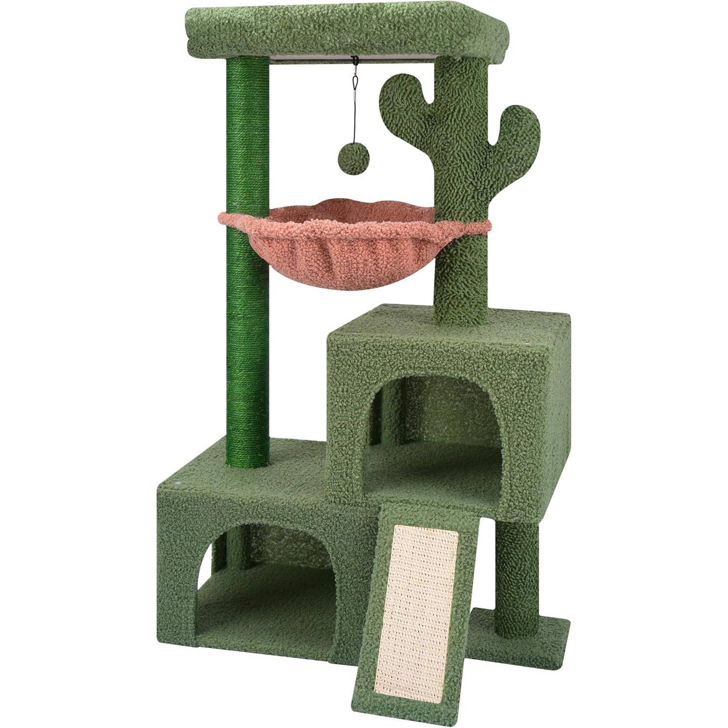 Multi-level cactus cat tree with hammock and scratching ramp