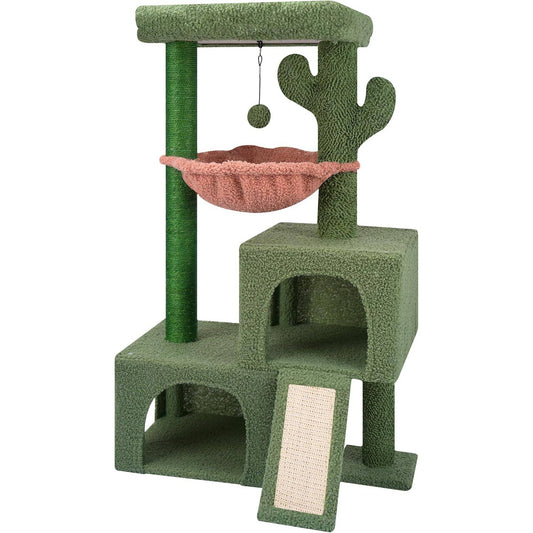Multi-level cactus cat tree with hammock and scratching ramp