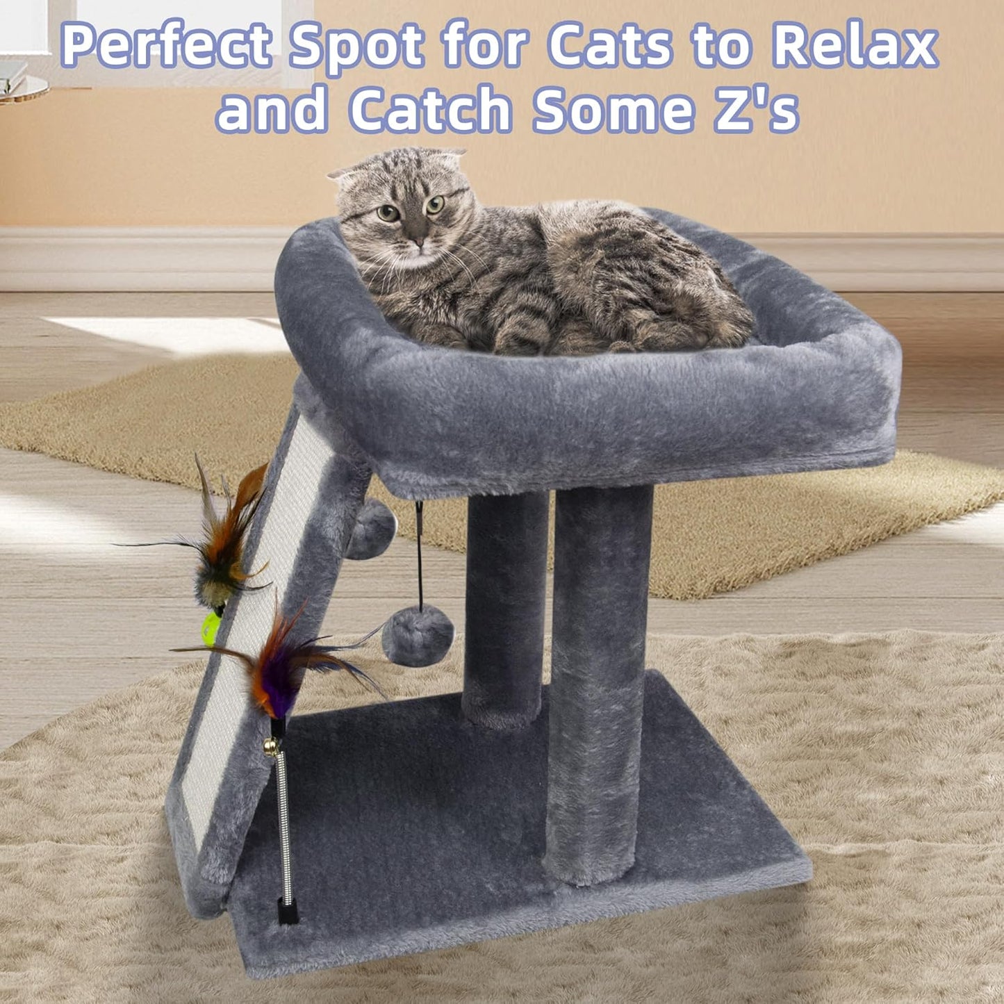 Cute cat lounging on top of cozy grey cat tree in a carpeted room