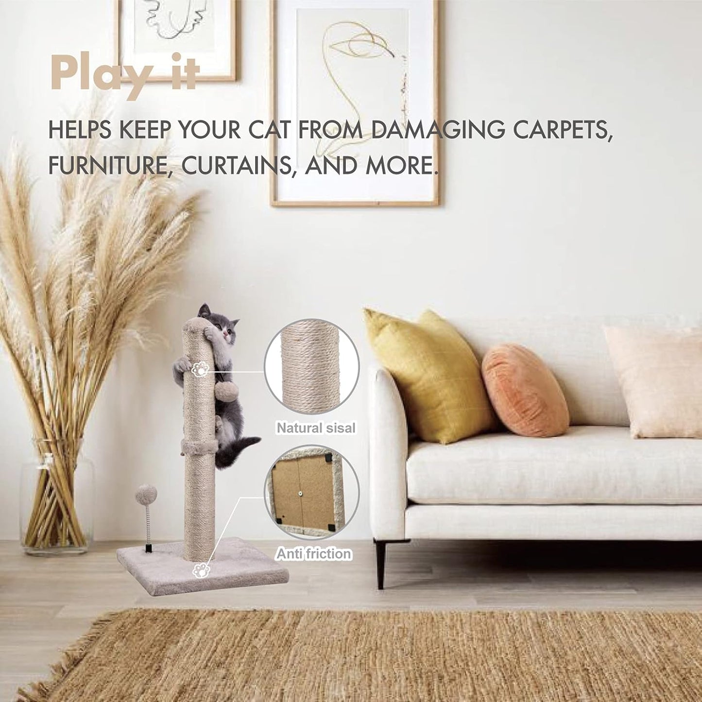 Cat climbing scratching post in modern living room with anti-friction bottom and natural sisal