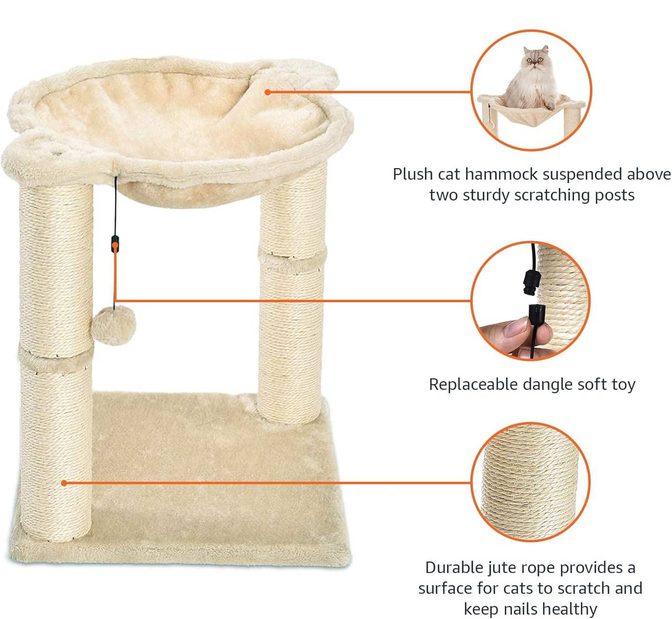 Diagram of cat tree showing hammock, scratching posts, and toy details