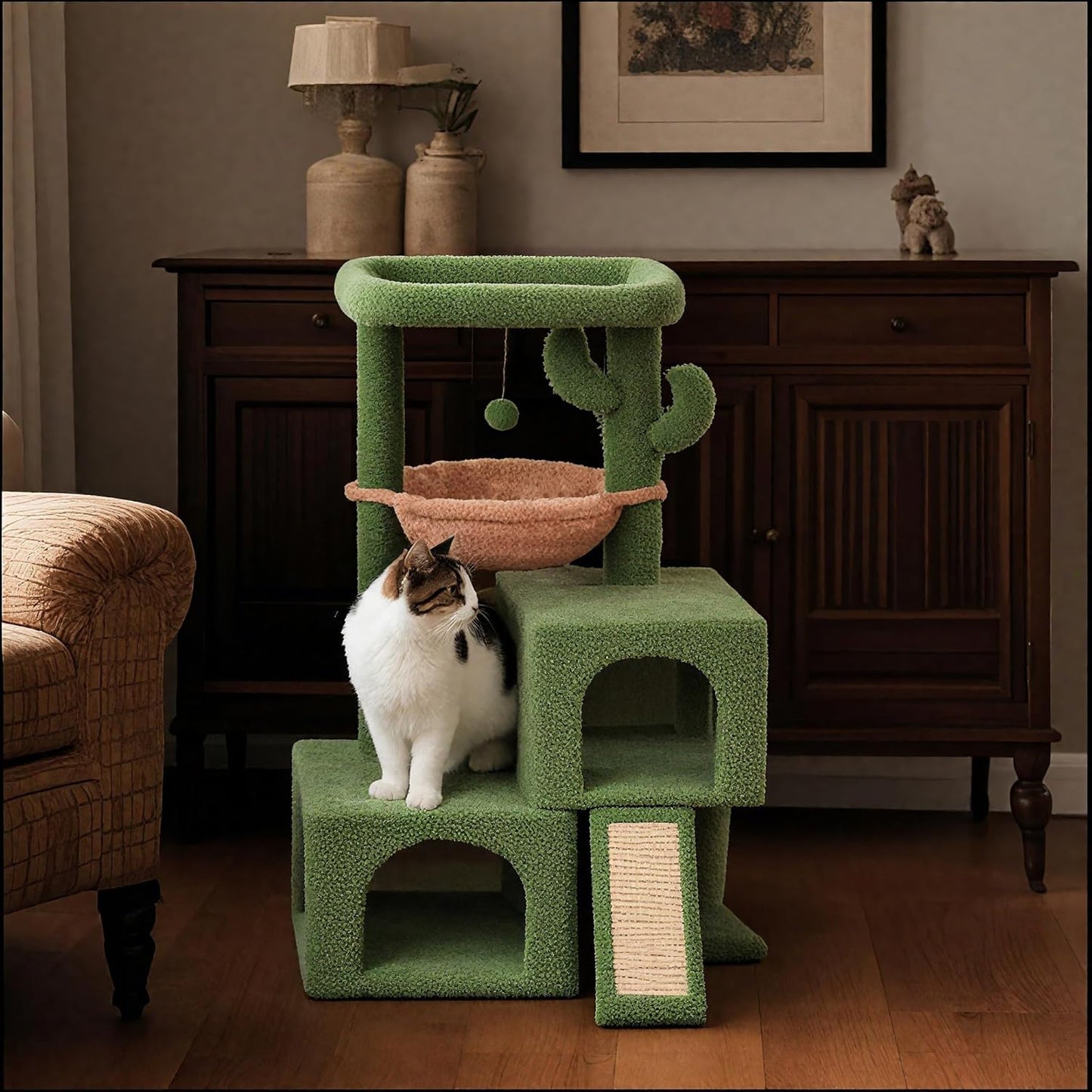 Cat lounging on cactus cat tree in cozy living room