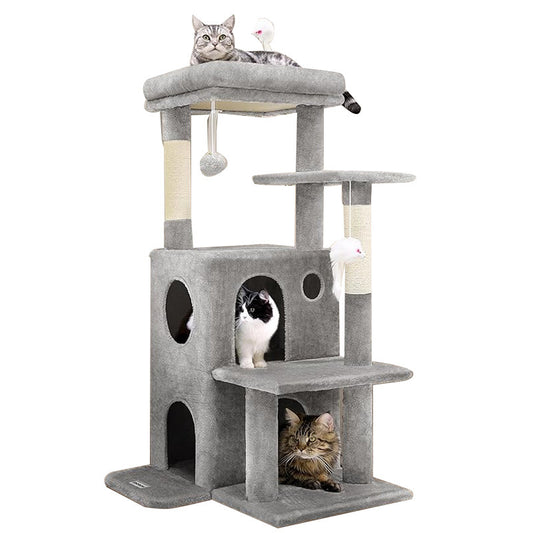 Multi-cat corner cat tree with large top perch and two cat caves