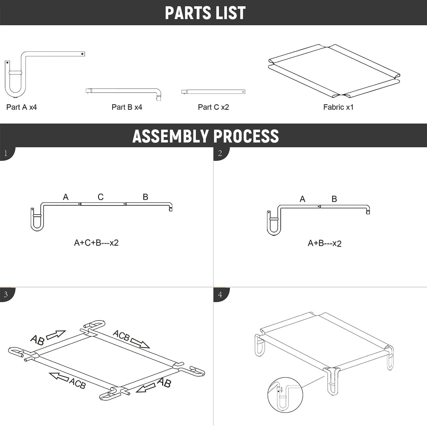 Assembly guide and parts list for elevated outdoor dog bed