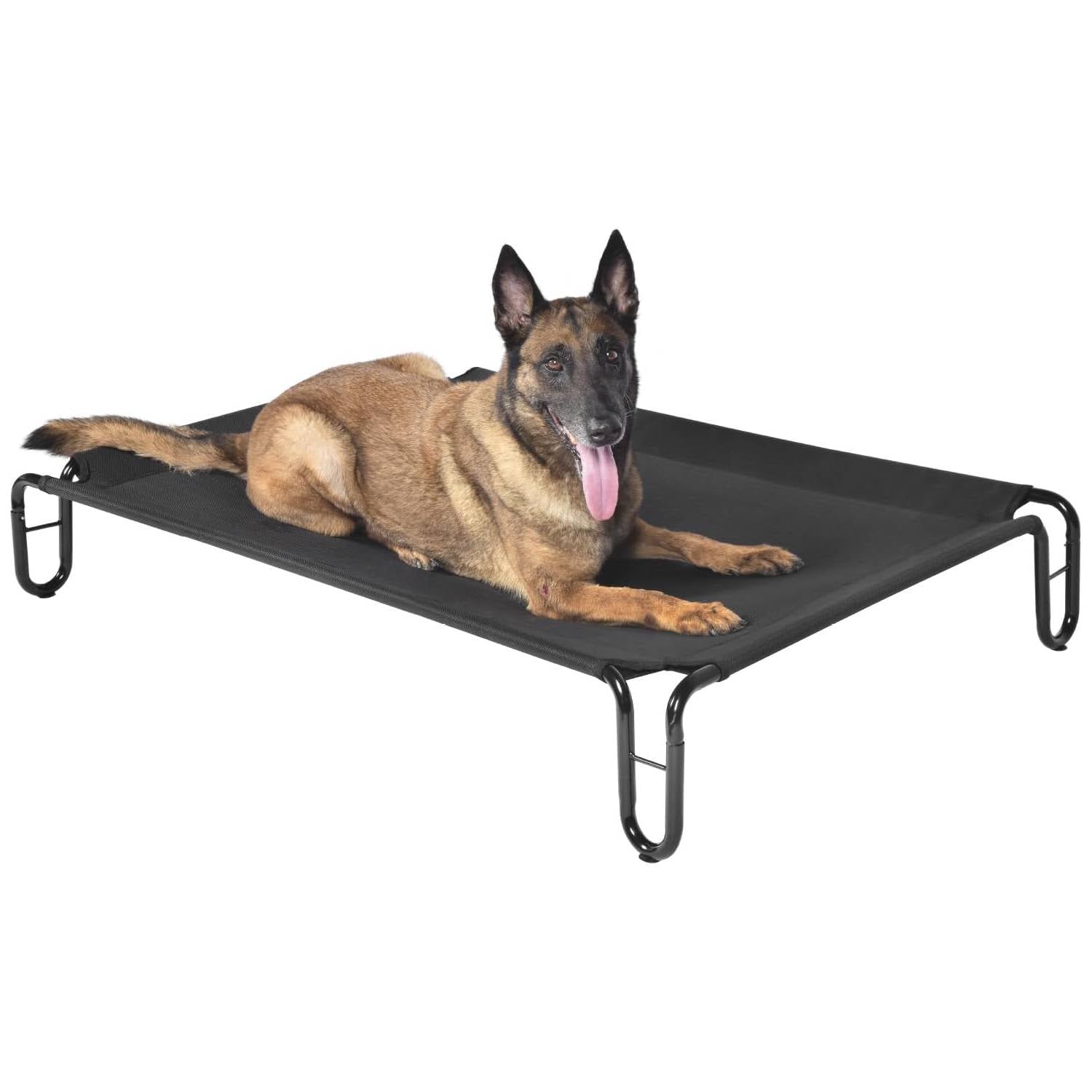 Large elevated outdoor dog bed with breathable fabric and black steel frame