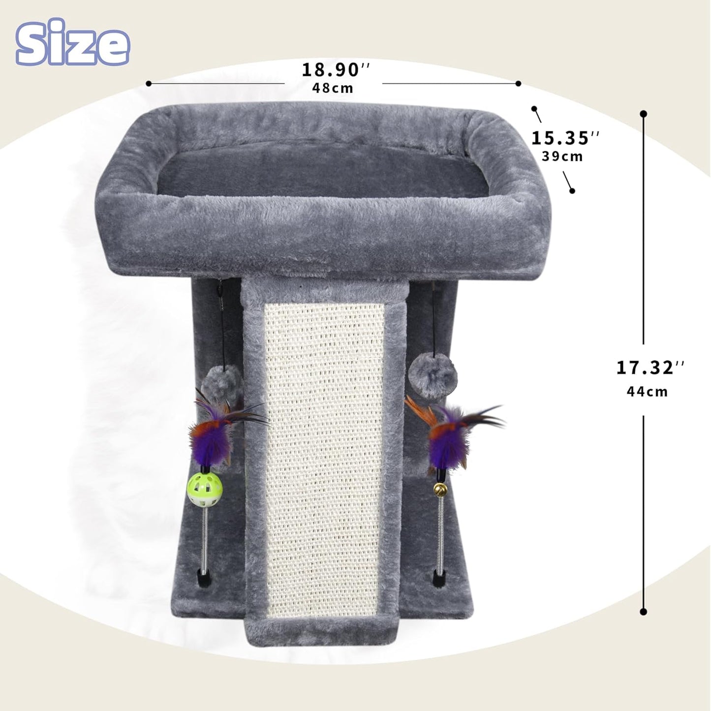 Grey cat tree with measurements in inches and centimeters