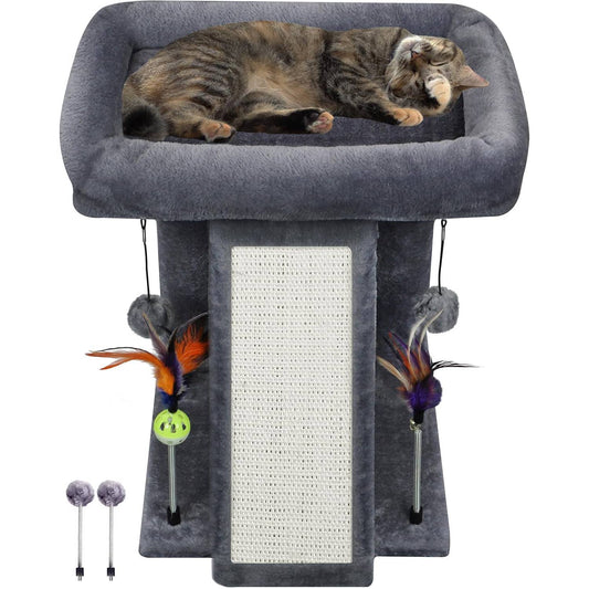 Grey cat tree with a sleeping tabby cat on the top perch