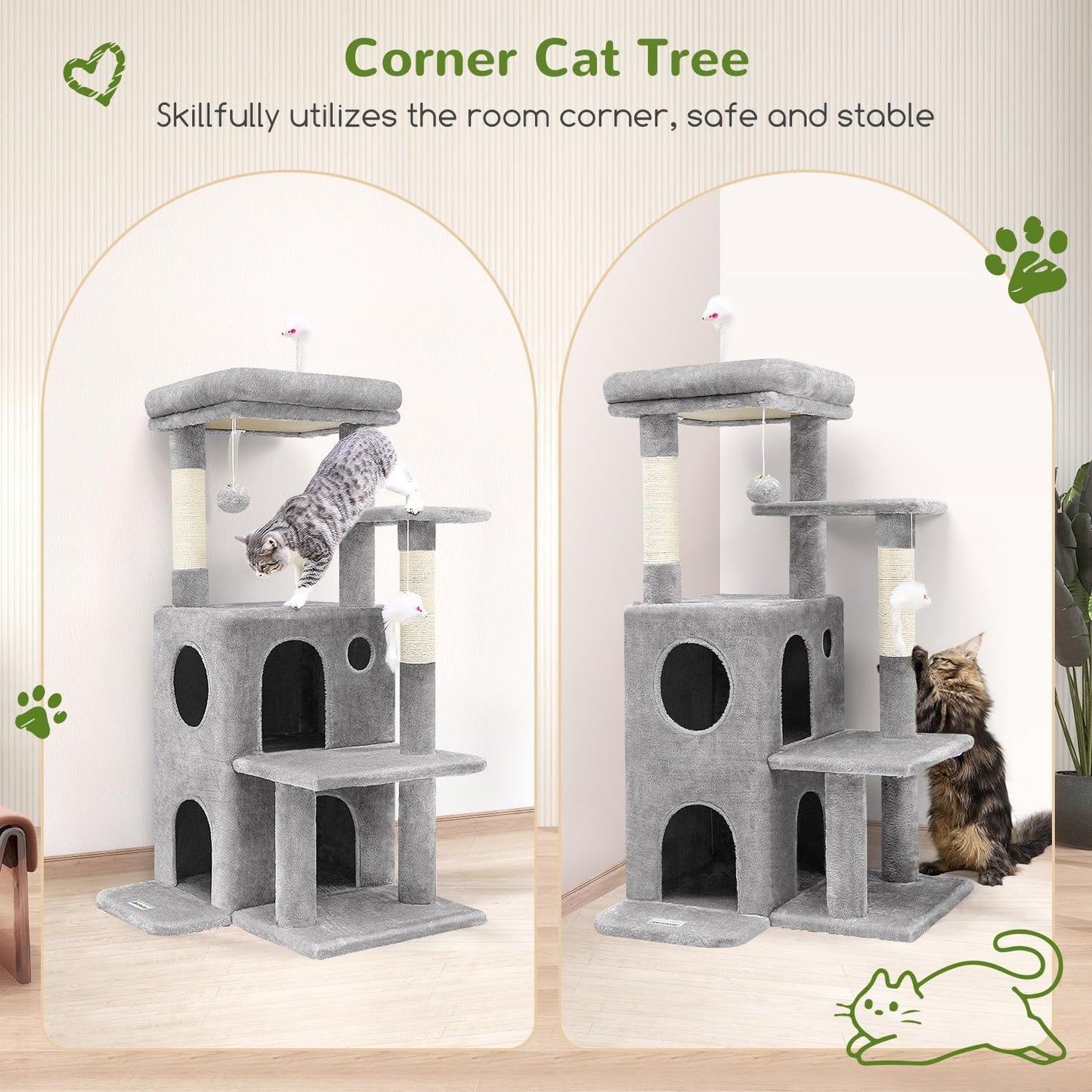 Space-saving cat tree designed to fit neatly in a corner with stable base