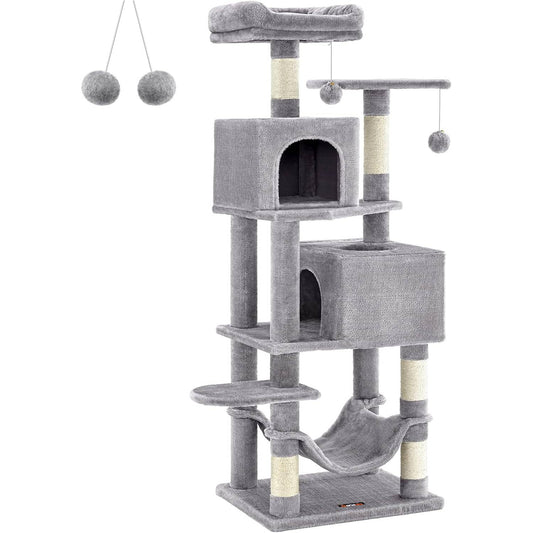 Multi-level grey cat tree with hammock and cozy perches