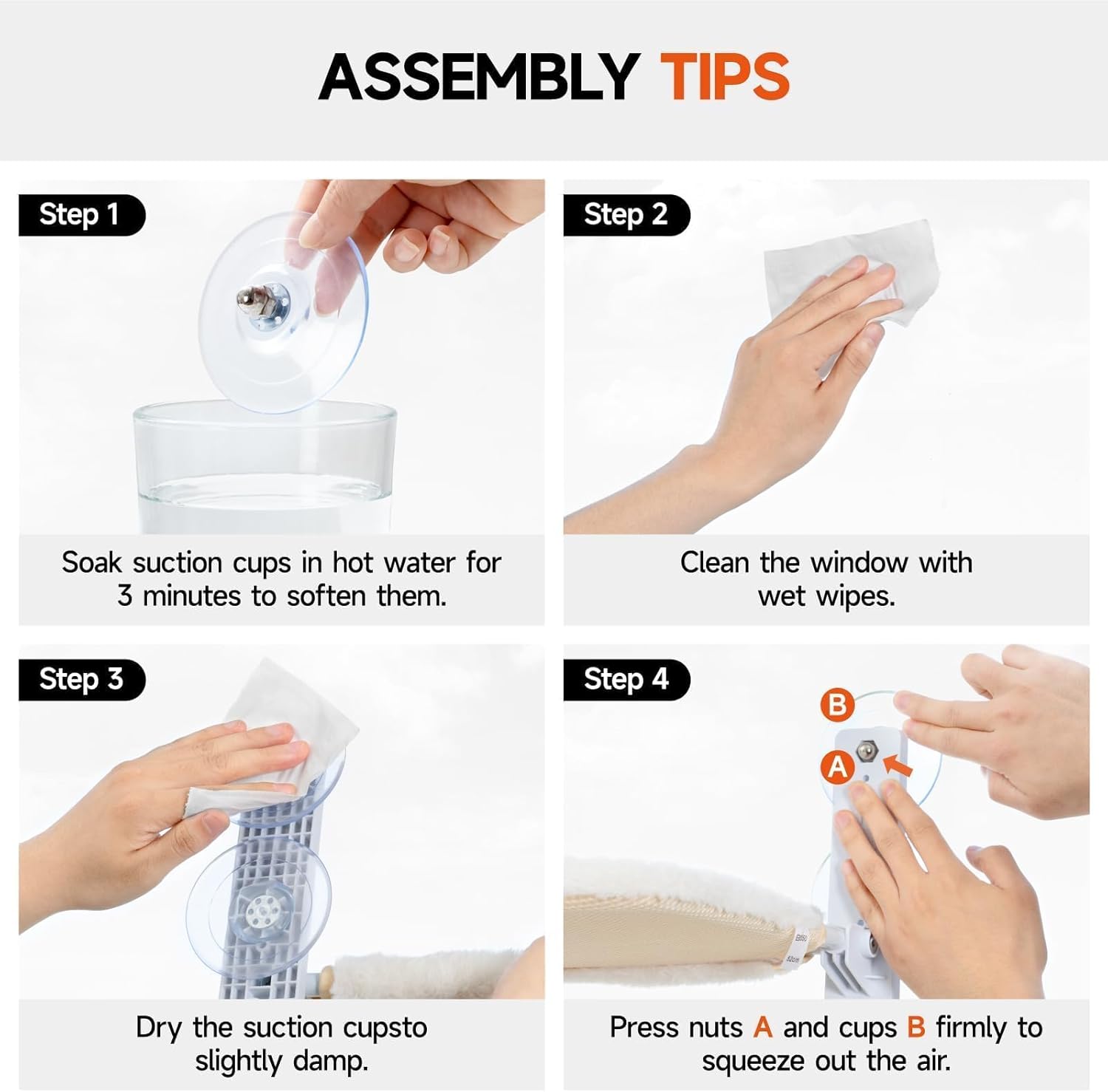 Foldable cat window hammock assembly tips: soften cups, clean window, dry cups, press nuts and cups.