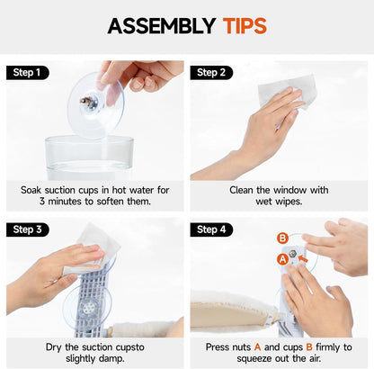 Foldable cat window hammock assembly tips: soften cups, clean window, dry cups, press nuts and cups.