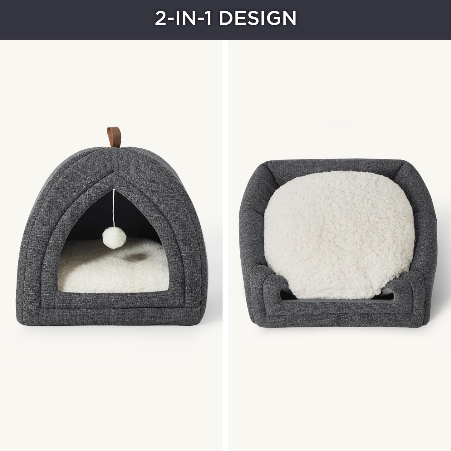 The cat house and cat bed are designed as a single unit. The top can be folded for support and a cushion can be placed on it to transform it into a cat bed.