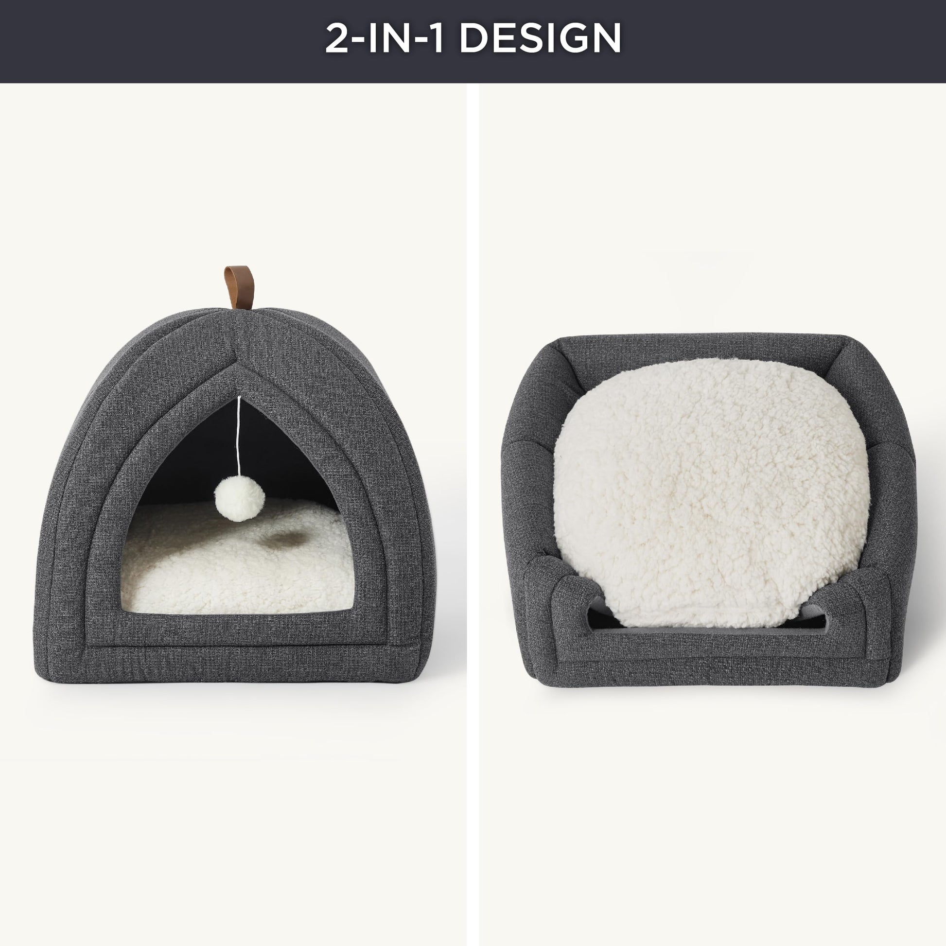The cat house and cat bed are designed as a single unit. The top can be folded for support and a cushion can be placed on it to transform it into a cat bed.