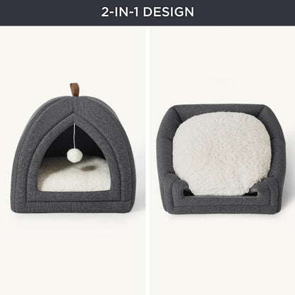 The cat house and cat bed are designed as a single unit. The top can be folded for support and a cushion can be placed on it to transform it into a cat bed.