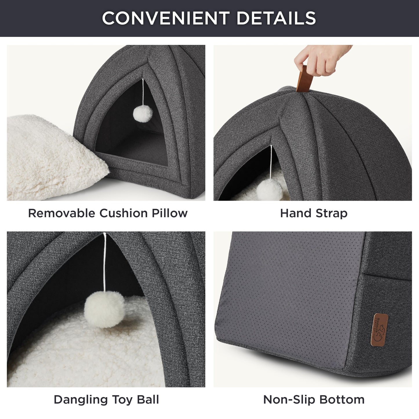 Foldable cat cave convenient details: removable cushion, hand strap, toy ball, non-slip base