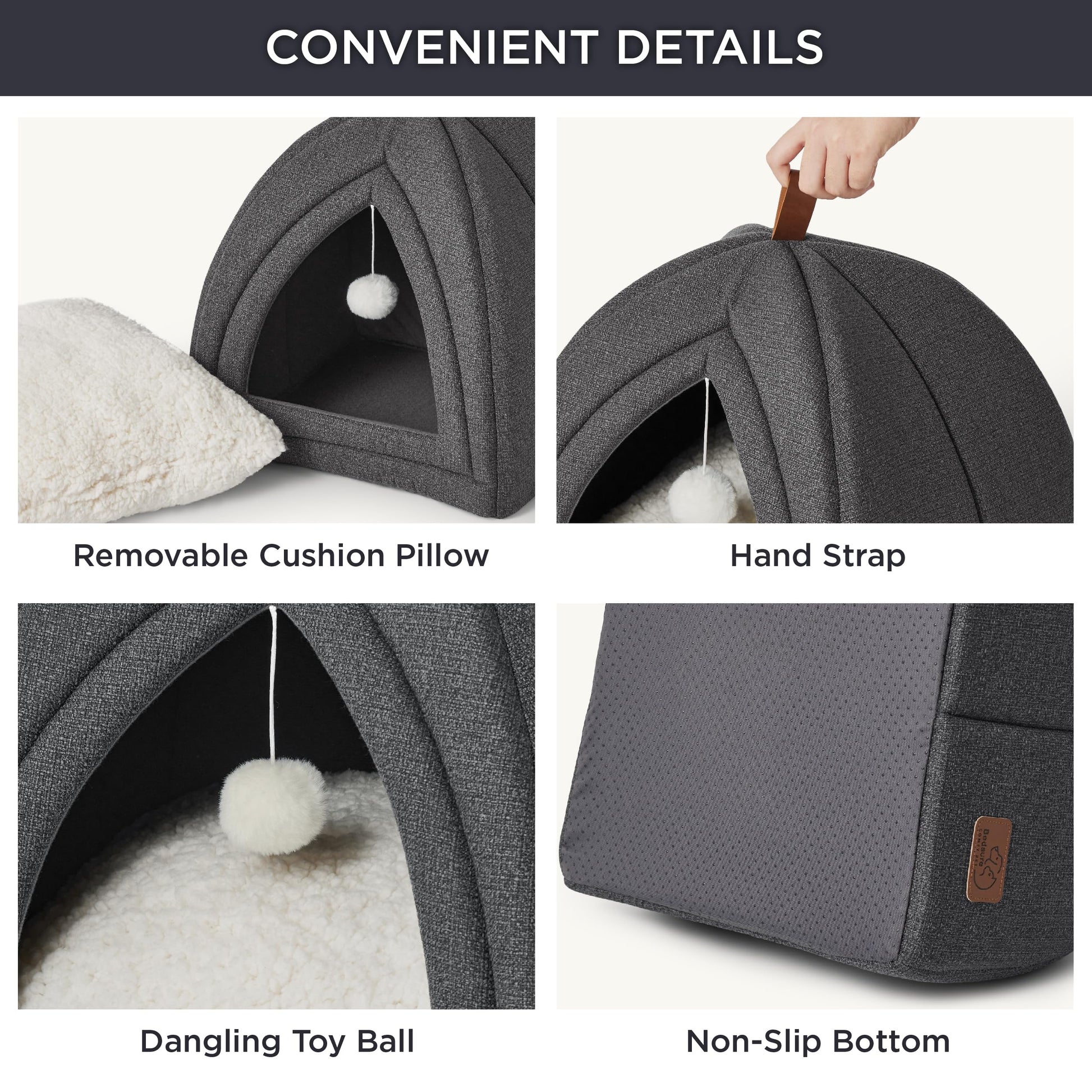 Foldable cat cave convenient details: removable cushion, hand strap, toy ball, non-slip base