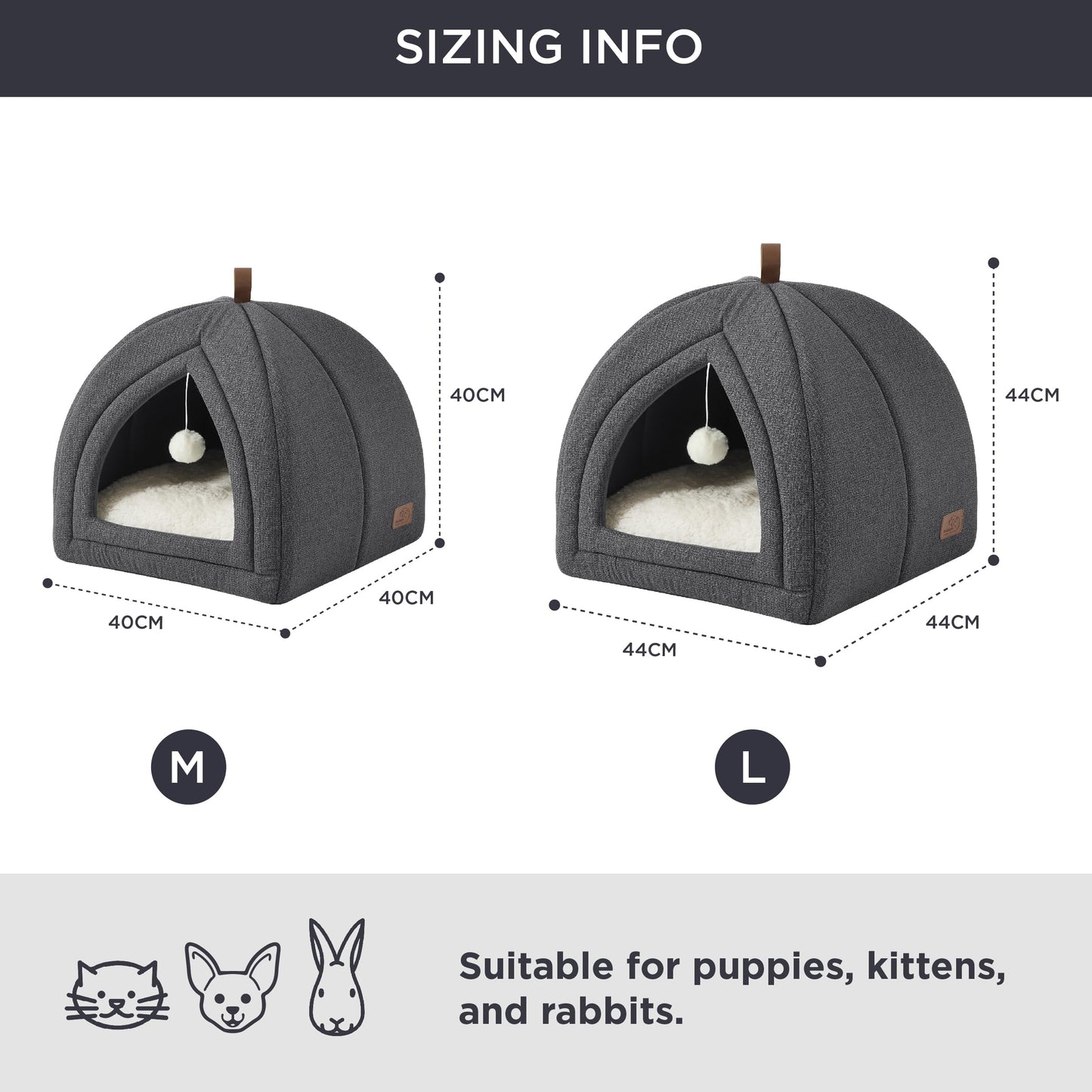 Foldable cat cave-sizing-info: 40cm, 44cm, two sizes, suitable for cats, puppies, and rabbits