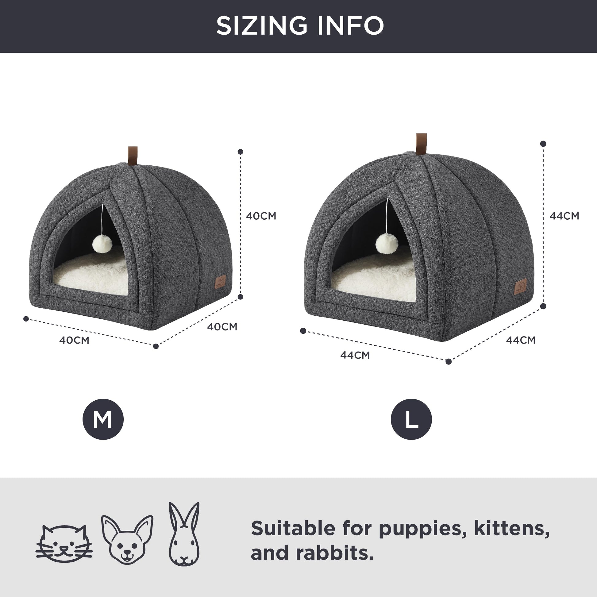 Foldable cat cave-sizing-info: 40cm, 44cm, two sizes, suitable for cats, puppies, and rabbits