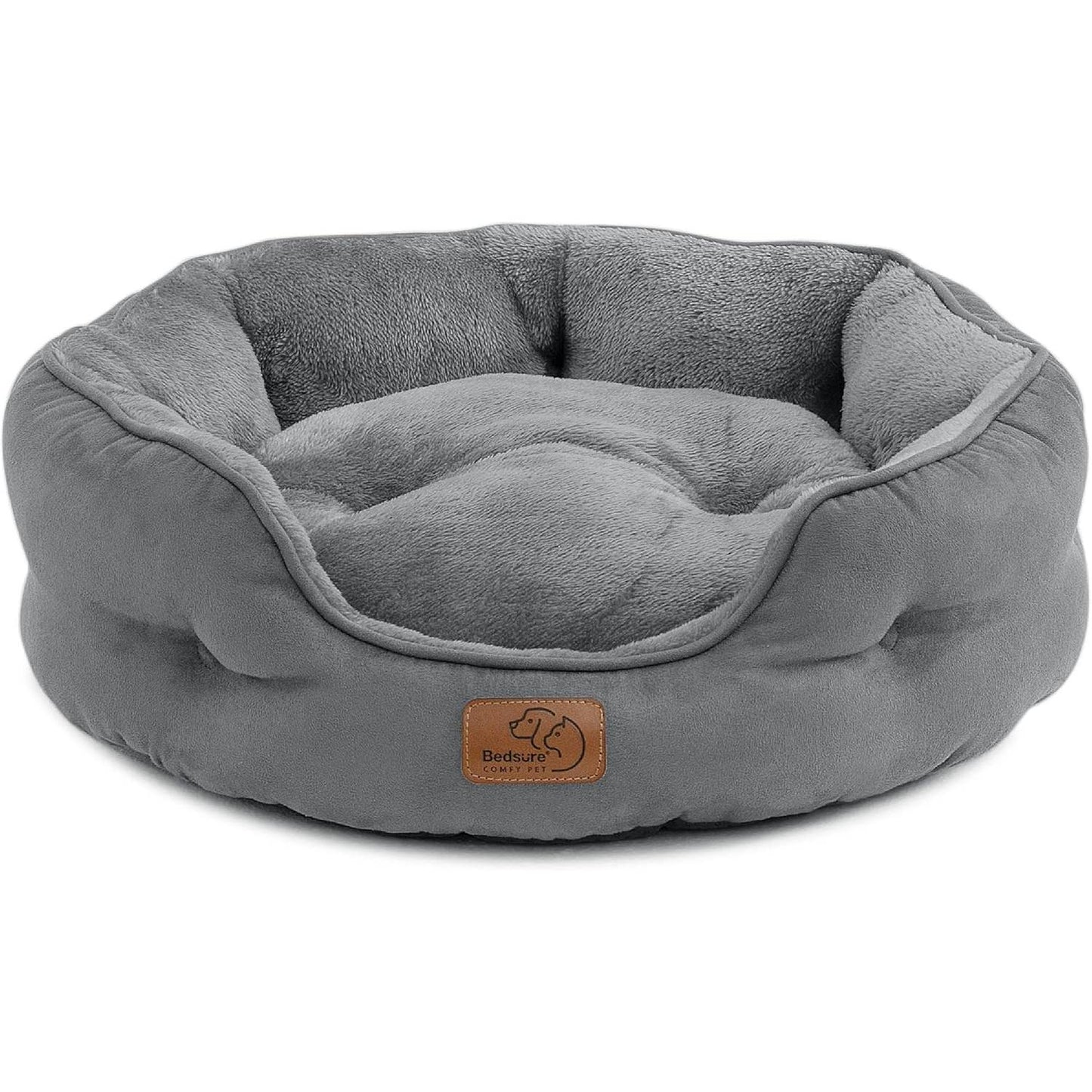 Empty grey round cat bed on white background, by Little Whisker