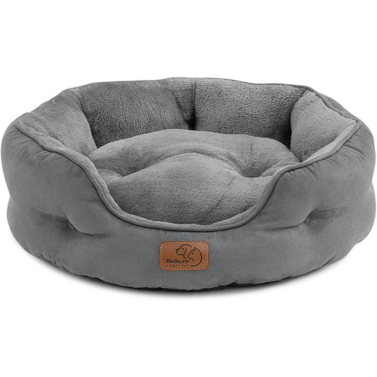 Empty grey round cat bed on white background, by Little Whisker