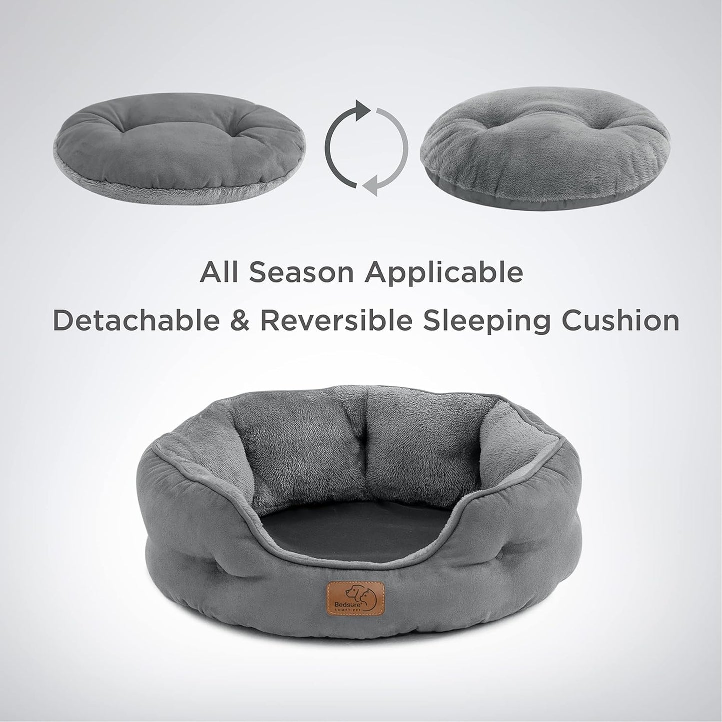  The round cat bed is suitable for all seasons. Detachable and reversible sleeping cushion on a white background