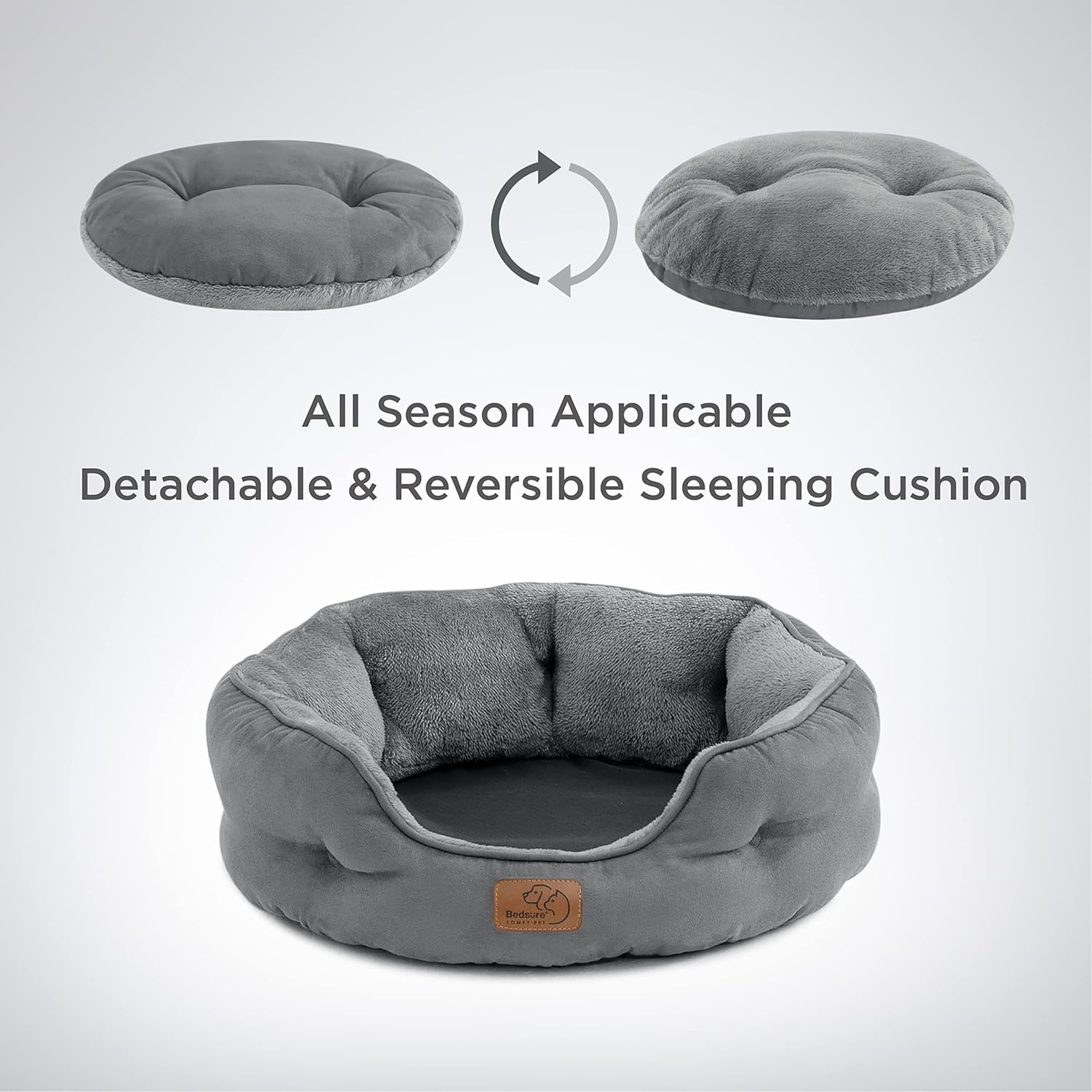  The round cat bed is suitable for all seasons. Detachable and reversible sleeping cushion on a white background