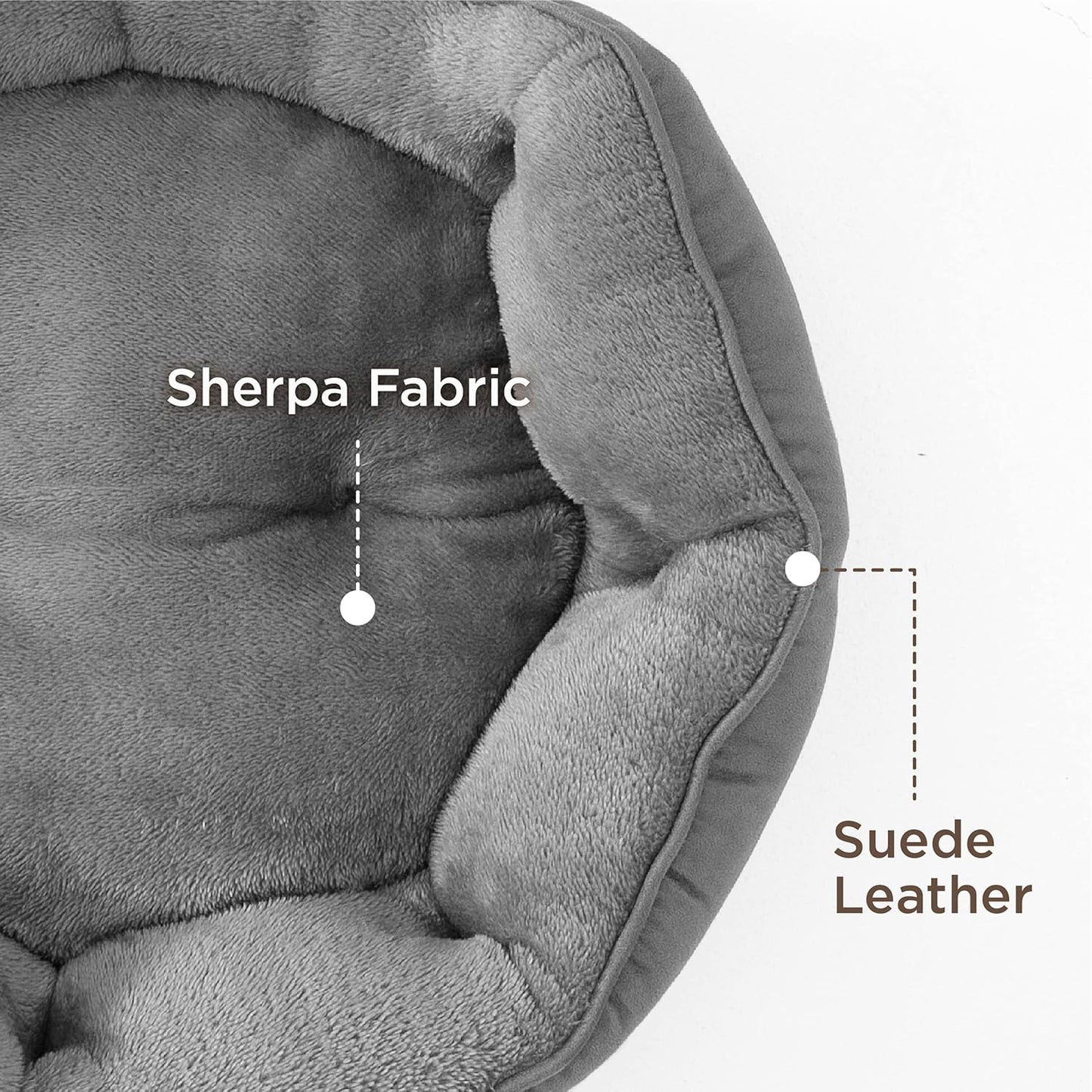 The surface fabric of the round cat bed is made of sherpa, suede leather.