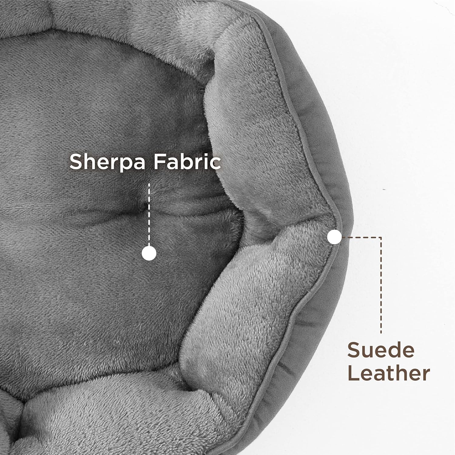 The surface fabric of the round cat bed is made of sherpa, suede leather.