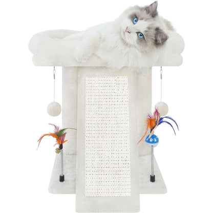 Beige cat tree with scratching board and cat relaxing on top perch