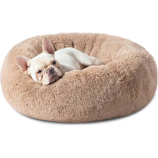 Calming plush dog bed for small dogs with raised rim and non-slip bottom