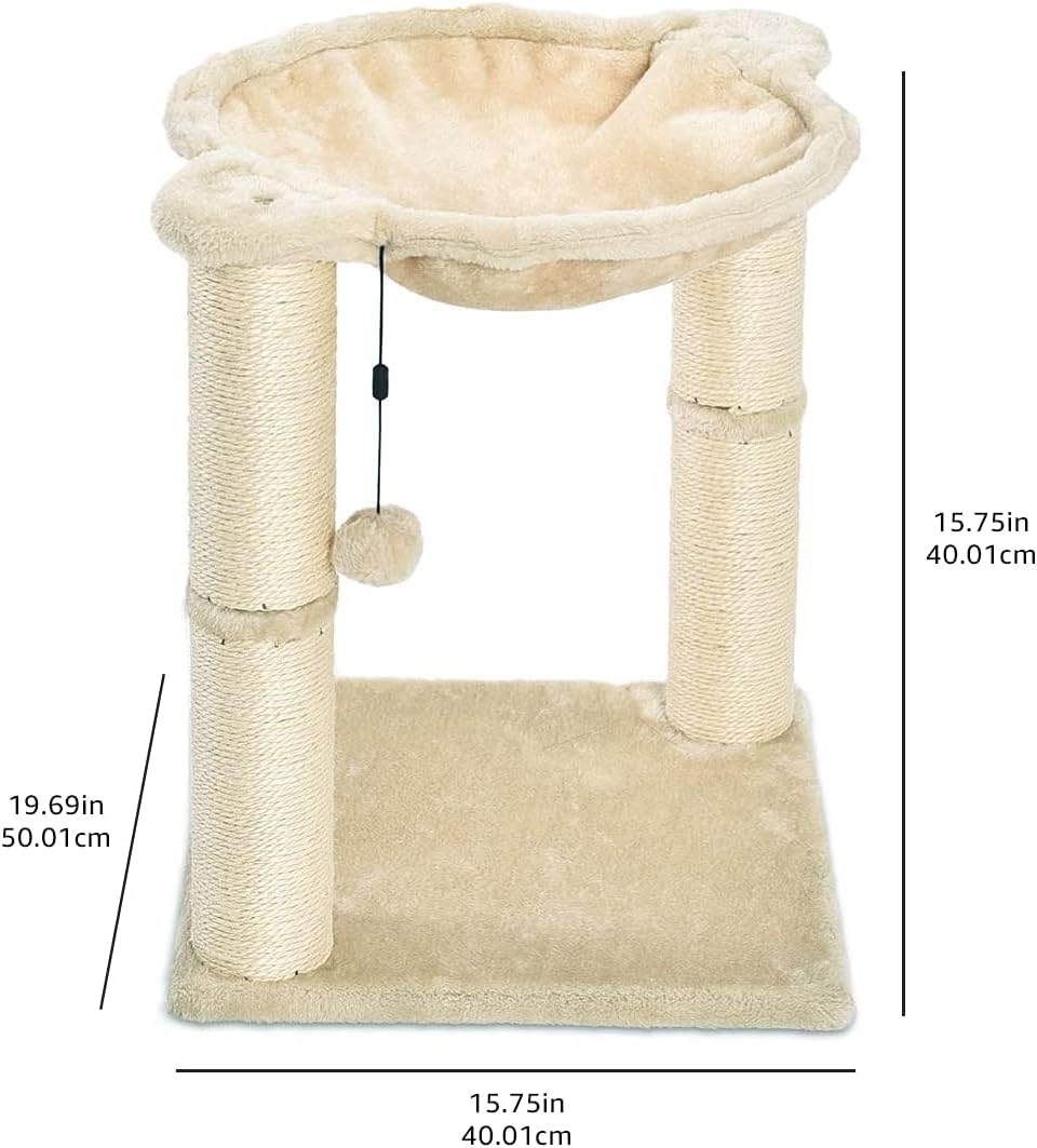 Cat hammock tower with labeled measurements in inches and cm