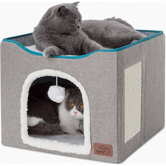 Cat house hideaway with scratching board, plush toy ball and cozy bed