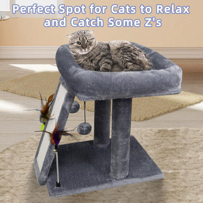 Cute cat lounging on top of cozy grey cat tree in a carpeted room