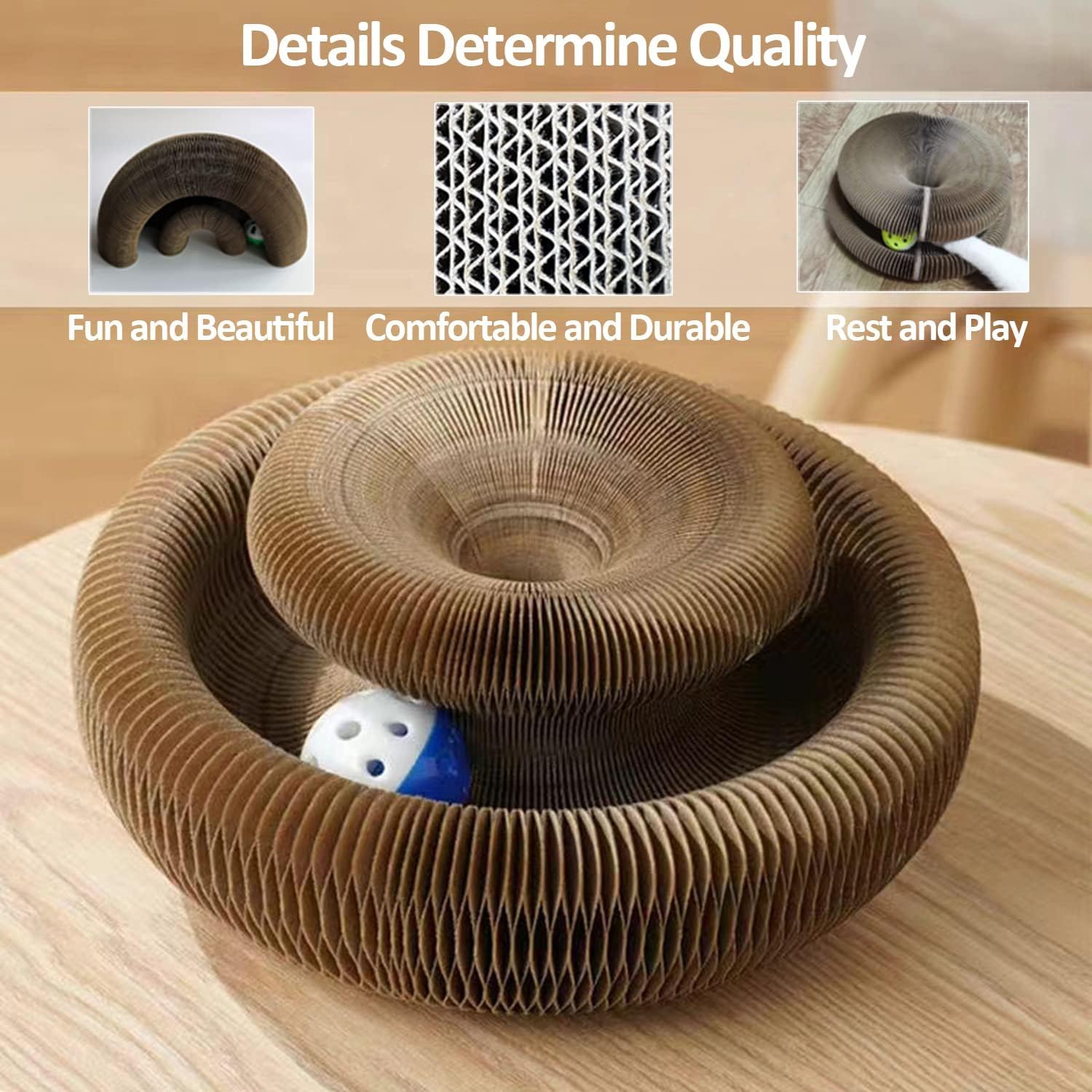 Cardboard cat toy on table showing texture, ball, and multiple use functions