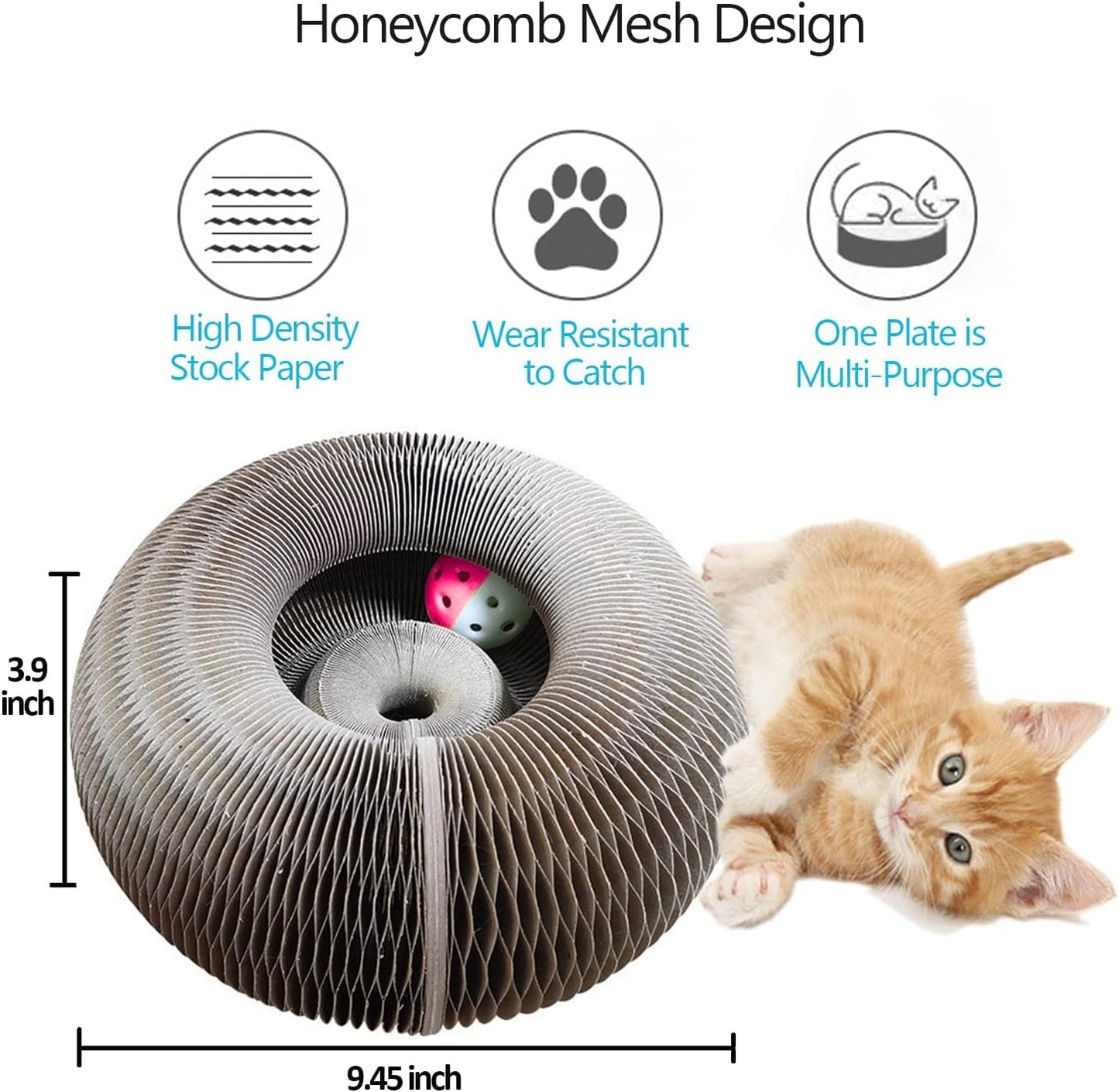 Honeycomb cat scratcher with ball and size reference next to kitten