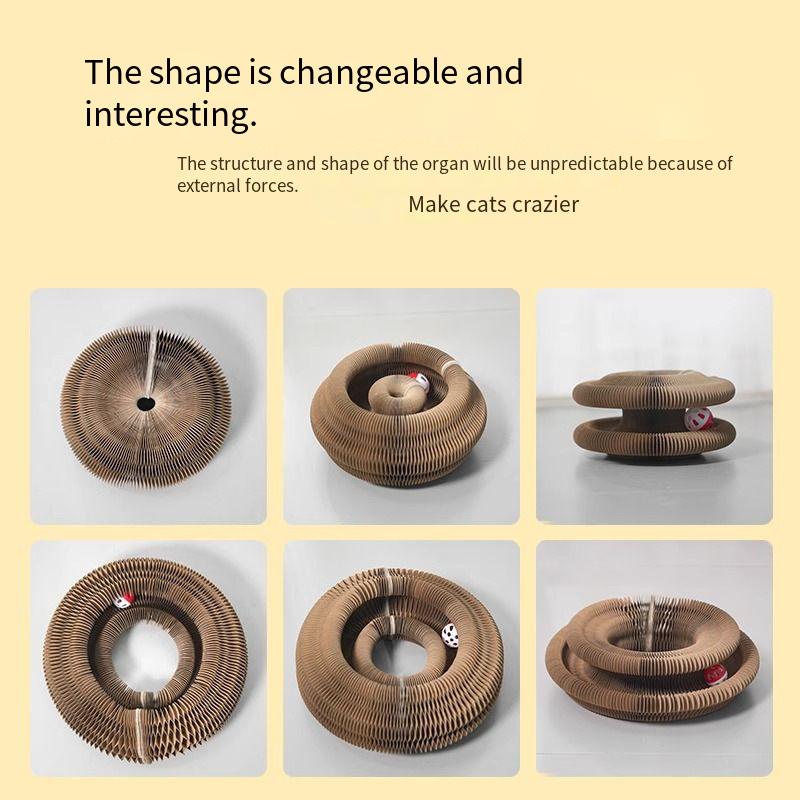 Adjustable cat scratcher toy shown in various fun shapes with toy balls
