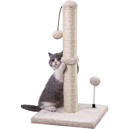 Gray kitten hugging a sisal cat scratching post with hanging plush ball toy