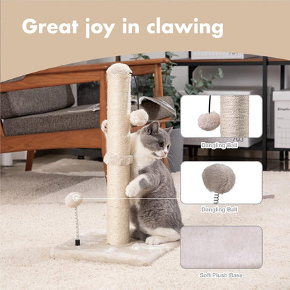 Cat playing with sisal scratching post featuring soft base and two plush ball toys