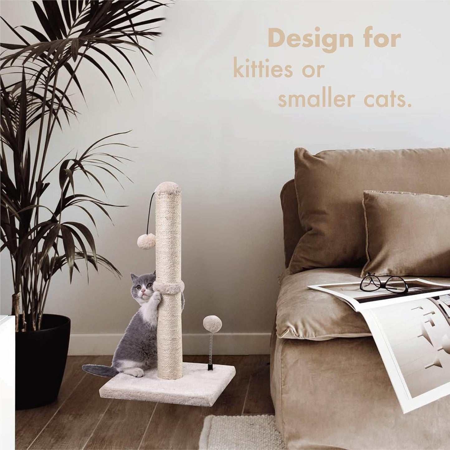 Cat scratching tall sisal post next to sofa, ideal for kittens or small cats