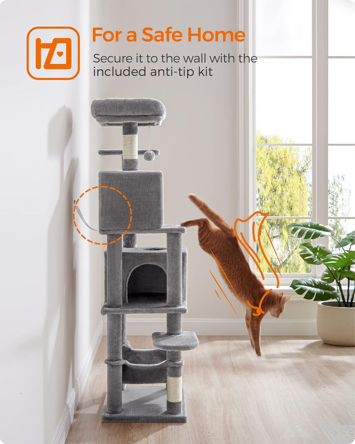 Cat tree secured to wall with anti-tip kit for safe home use