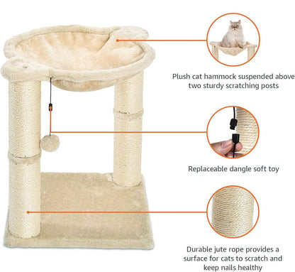 Diagram of cat tree showing hammock, scratching posts, and toy details