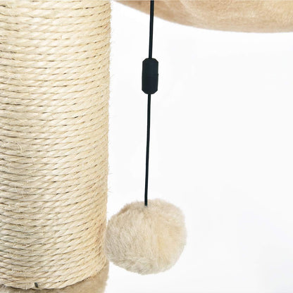 Close-up of soft plush ball toy hanging from cat hammock post