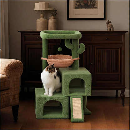 Cat lounging on cactus cat tree in cozy living room