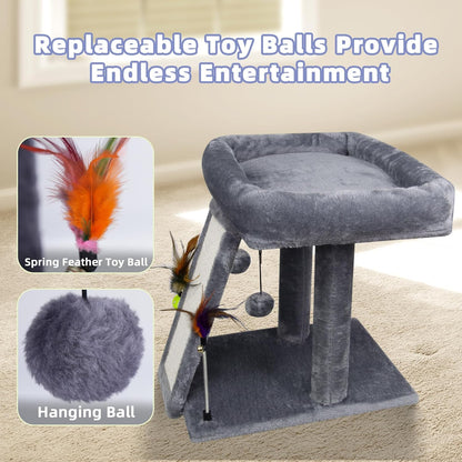 Replaceable spring feather toy ball and plush hanging ball on cat tree
