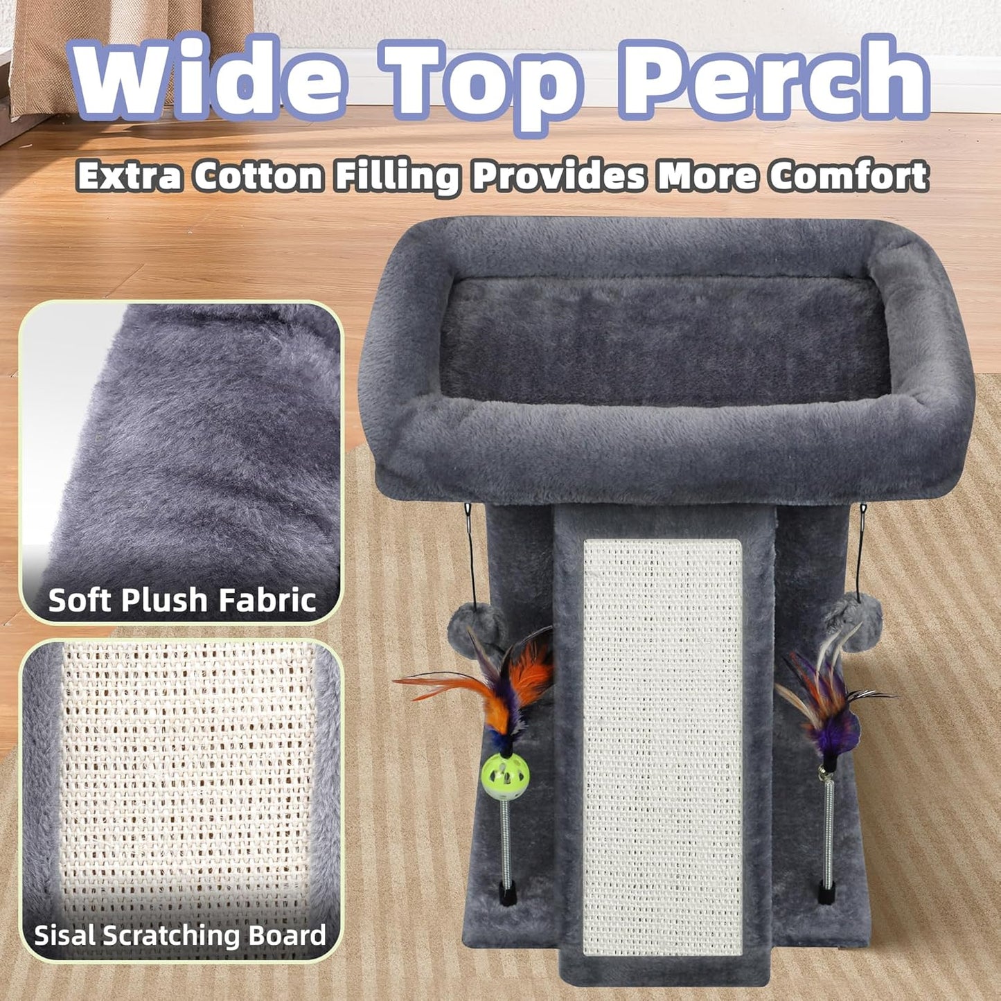 Wide top perch cat tree with soft plush fabric and sisal scratching board