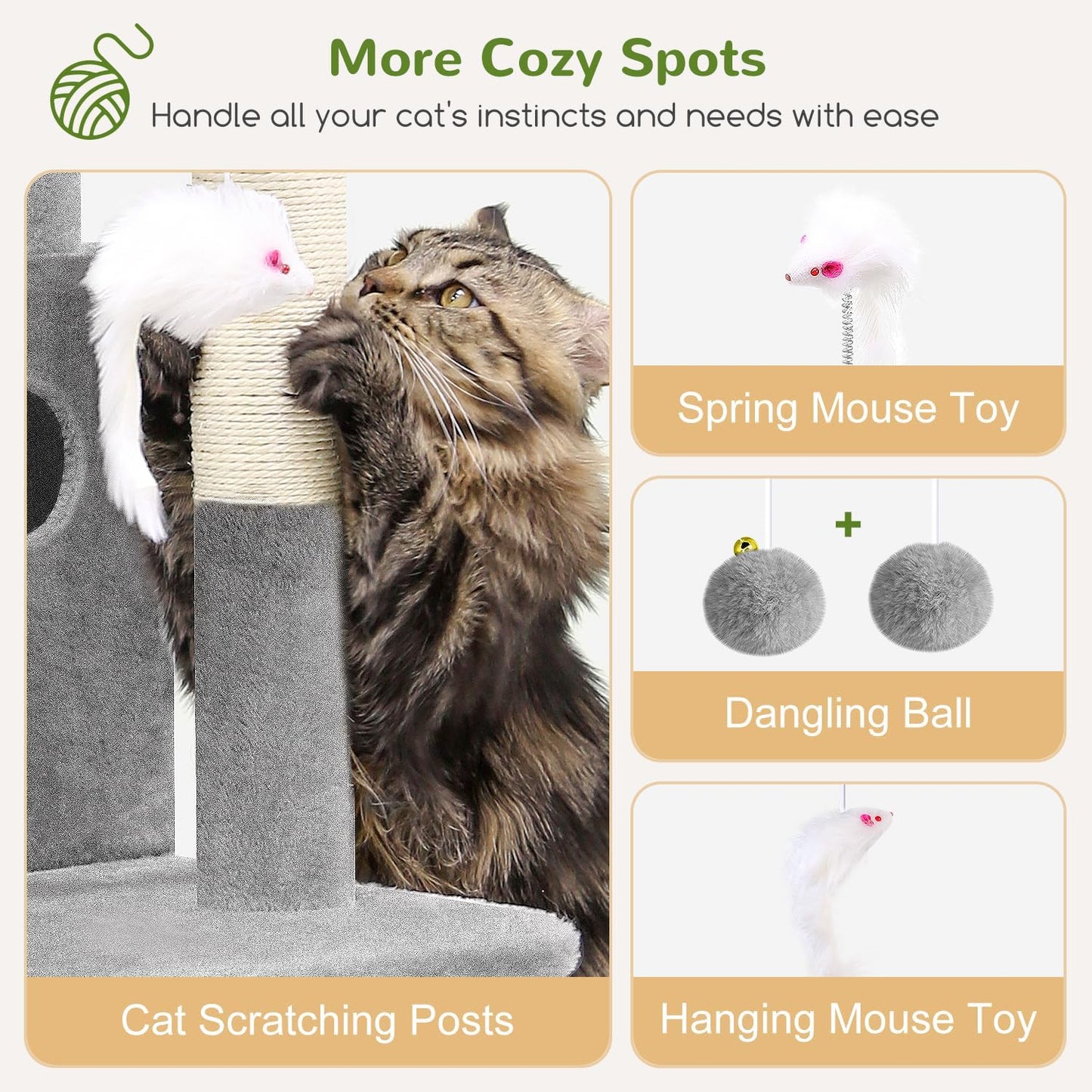 Cat tree scratching post with spring mouse toy and hanging plush balls
