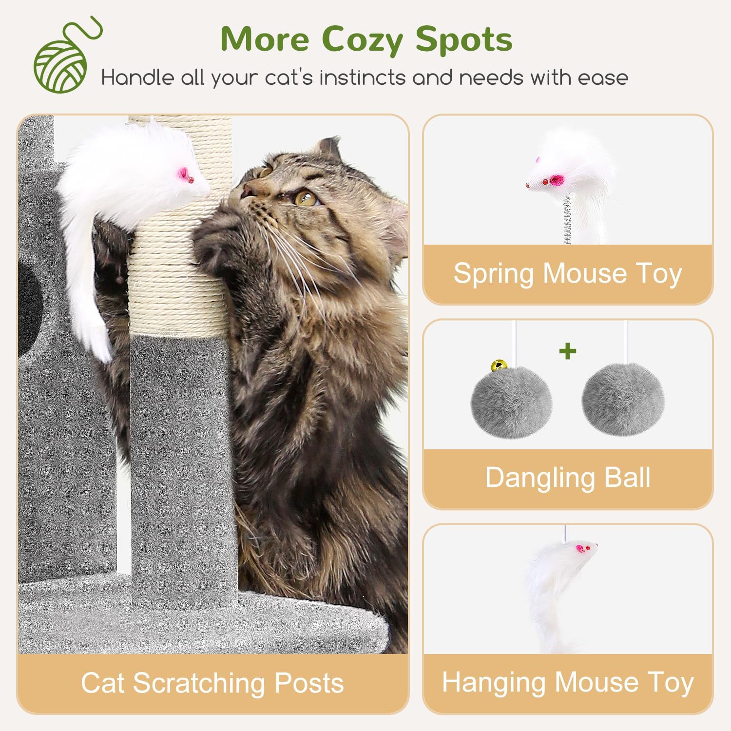 Cat tree scratching post with spring mouse toy and hanging plush balls