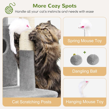 Cat tree scratching post with spring mouse toy and hanging plush balls